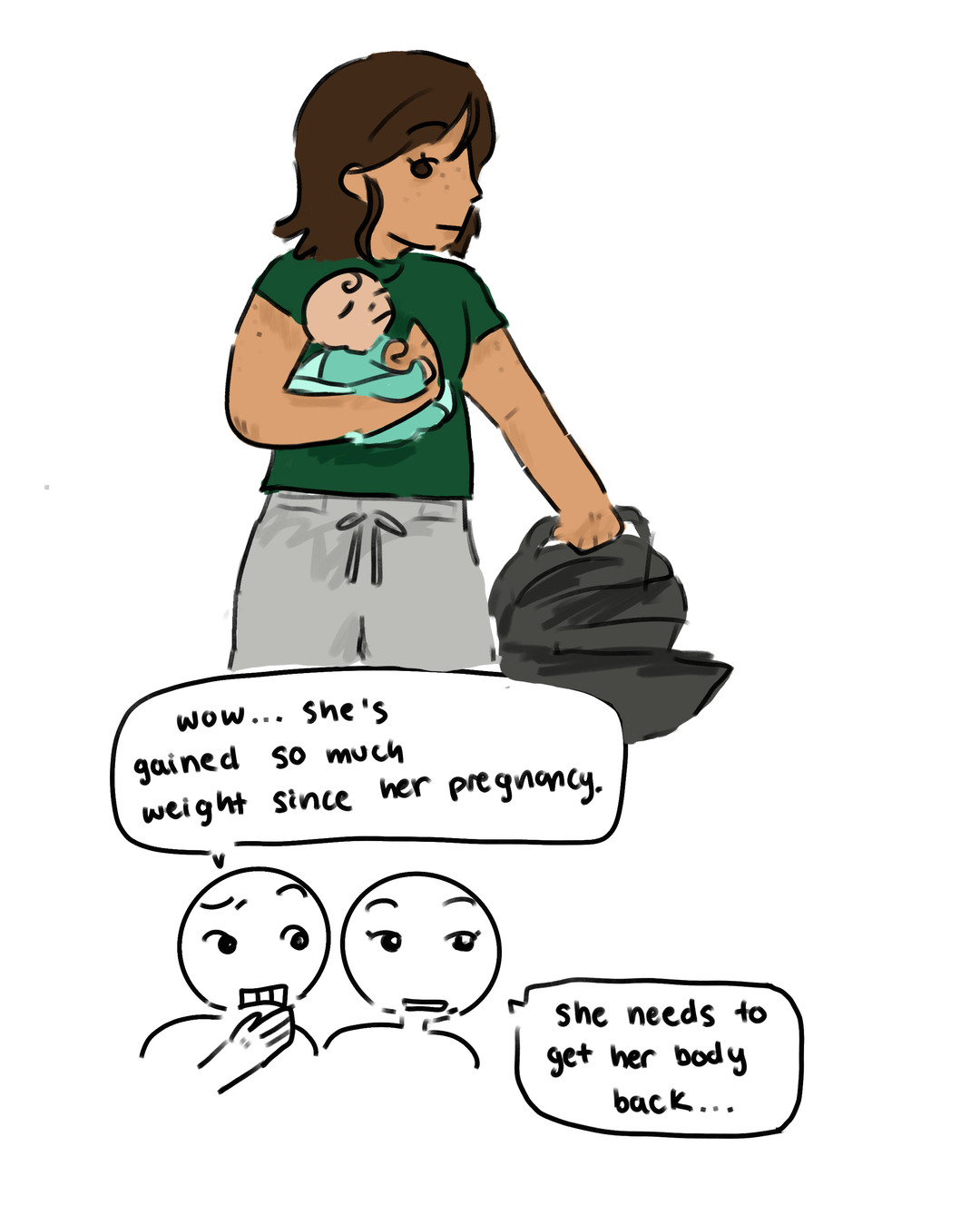 Comic preview for Issue 3 showing a mother holding a baby as people comment on her postpartum weight